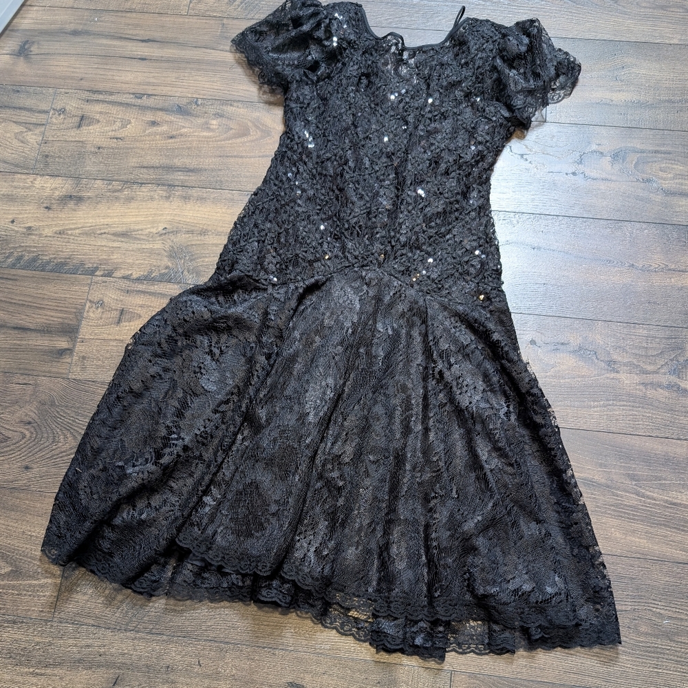 Hampton‎ Nites Lace Sequin Vintage Drop Waist Black Goth Dress Size 10